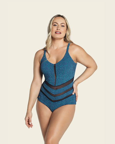 Textured slimming tulle cutout one-piece swimsuit#color_522-blue-animal-print