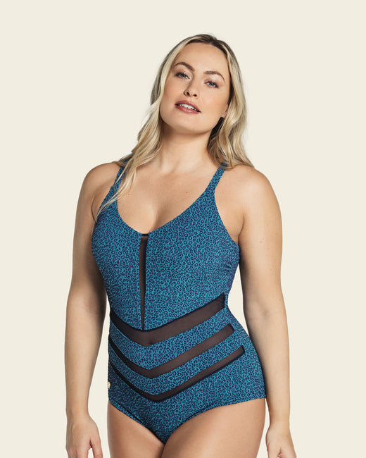 Textured slimming tulle cutout one-piece swimsuit#color_522-blue-animal-print