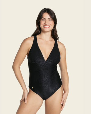 Slimming one piece swimsuit with back detail in ribbed fabric#color_700-black-texture