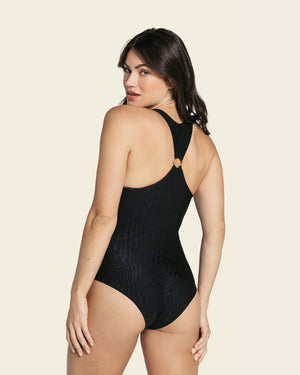 Slimming one piece swimsuit with back detail in ribbed fabric#color_700-black-texture