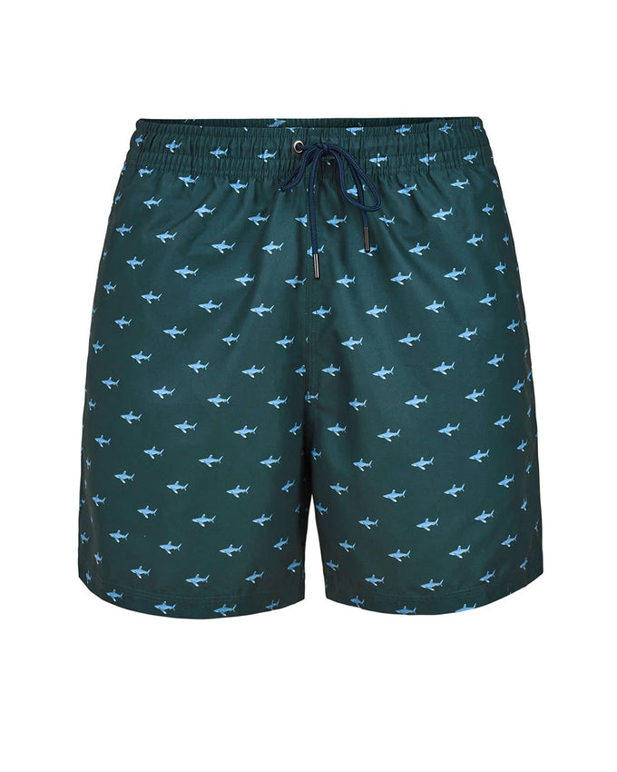 Eco-friendly graphic print knee-length swim trunks for men#color_552-shark-print