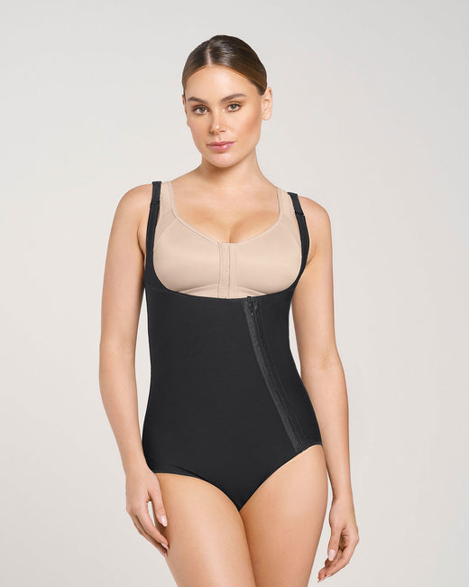 Stage 1 post-surgical brief bottom firm compression bodysuit with diagonal hook-and-eye closure#color_700-black