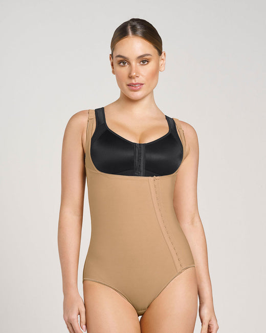Stage 1 post-surgical brief bottom firm compression bodysuit with diagonal hook-and-eye closure#color_880-natural-tan