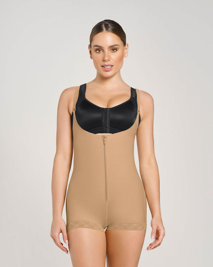 Stage 1 post-surgical boyshort girdle with front hook-and-zip closure#color_880-natural-tan