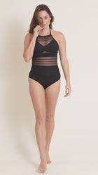 One-piece striped mesh overlay slimming swimsuit